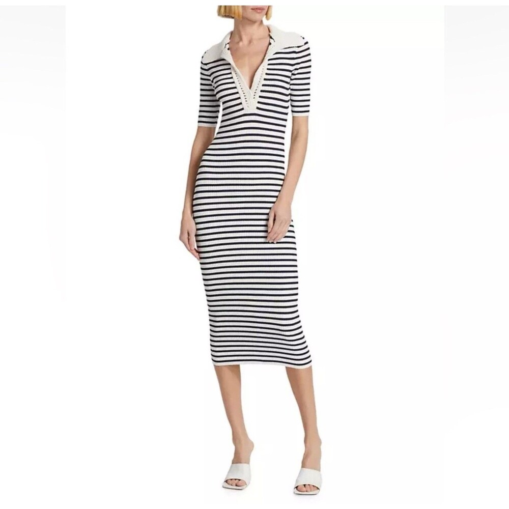 NEW Caroline Constas Ribbed Knit Crochet V-Neck Navy Ivory Stripe Dress Small